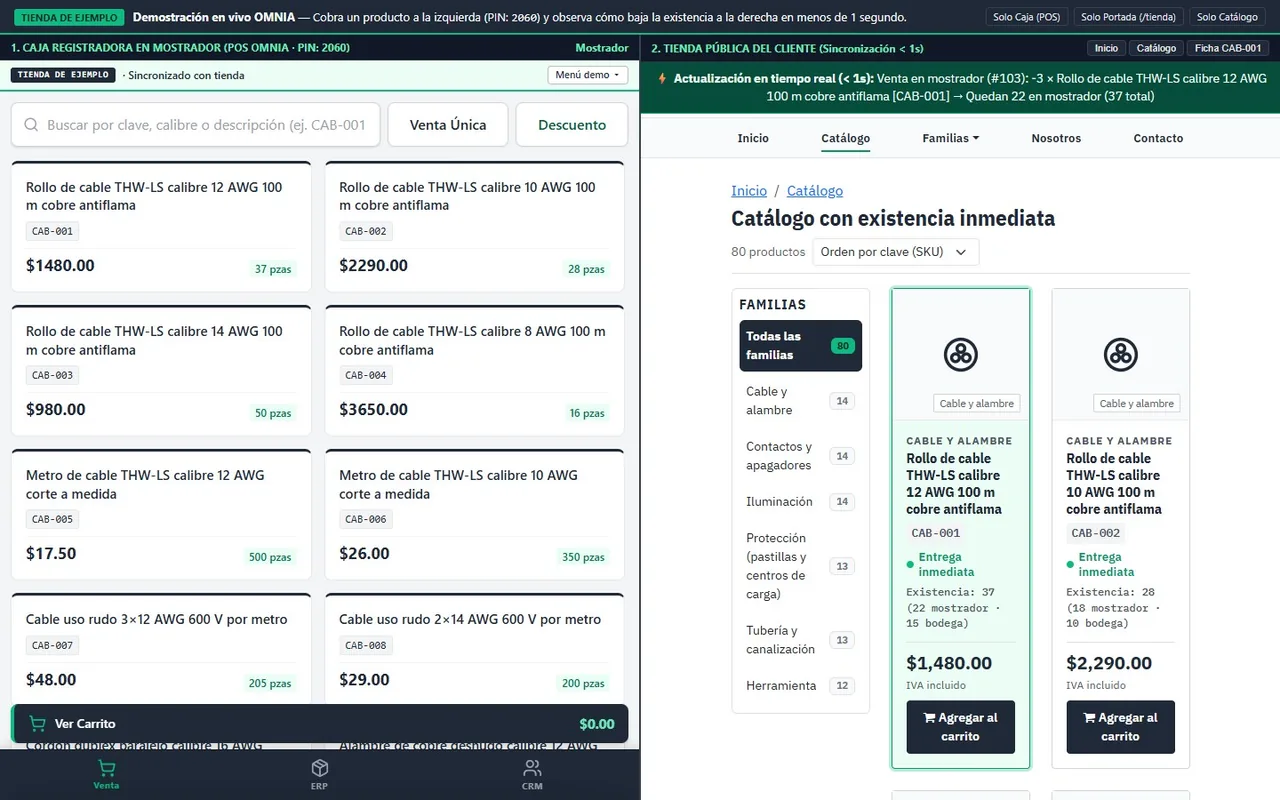 Vista dividida en tablet de Eléctrica de ejemplo: a la izquierda la caja registradora OMNIA después de cobrar 3 rollos CAB-001 (quedan 37 pzas) y a la derecha la tienda pública actualizando sola su existencia a 37 (22 mostrador y 15 bodega) en menos de un segundo.